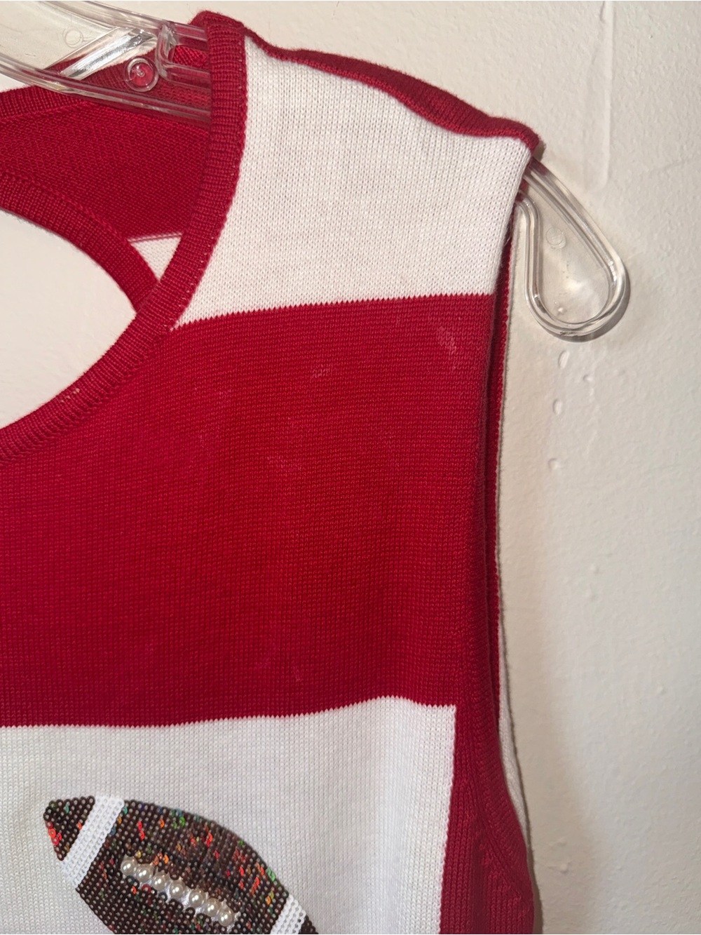 QUEEN OF SPARKLES Red and White Checkerboard Mini Dress with Football Motif - Picture 3 of 5